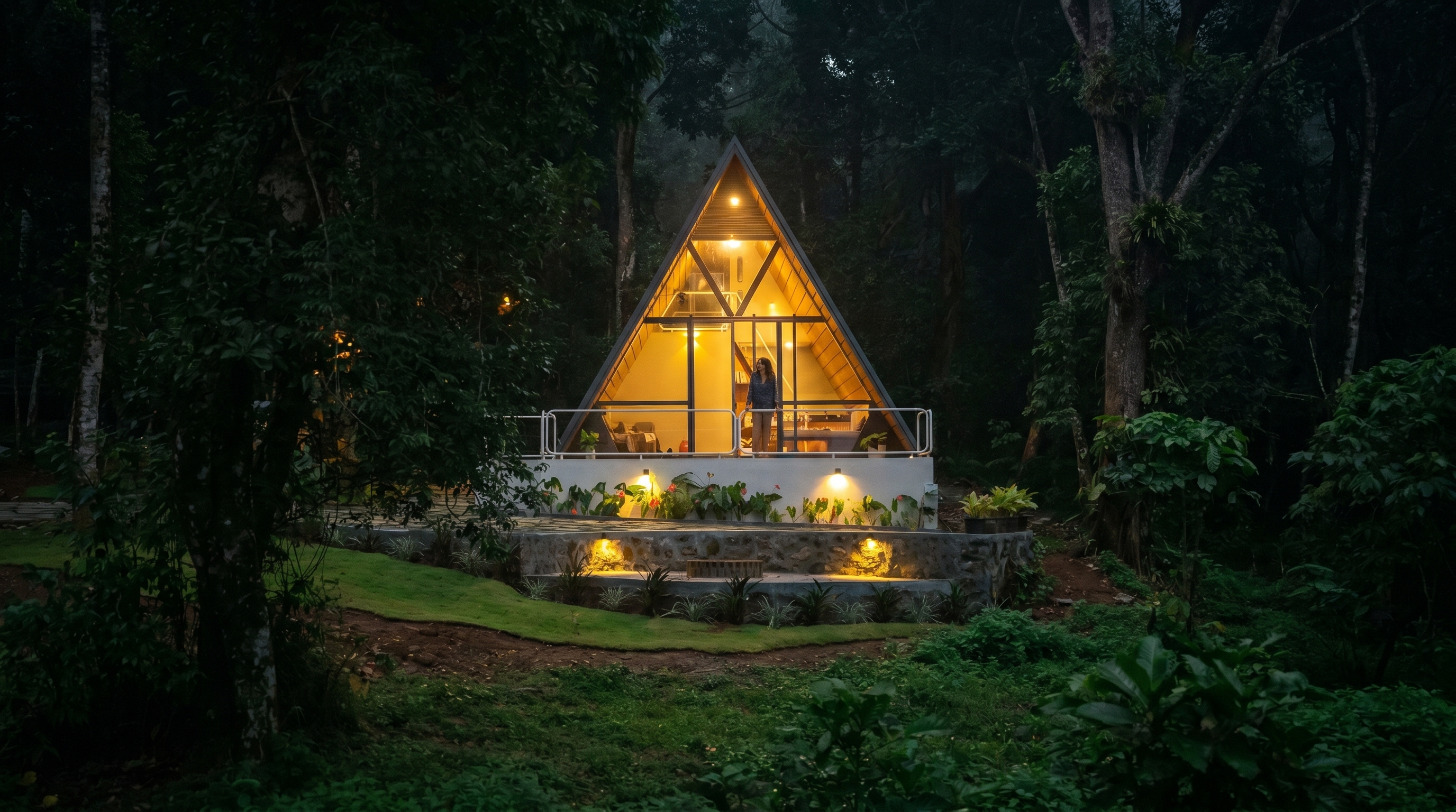 A-frame cabin in the forest at twilight